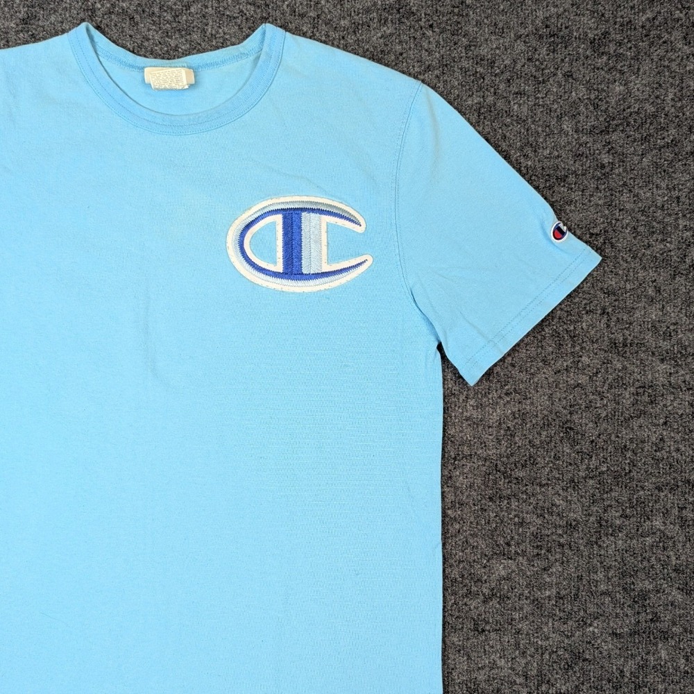 Vintage Champion Big C Logo Embroidered T-Shirt Mens Medium Light Blue Tee